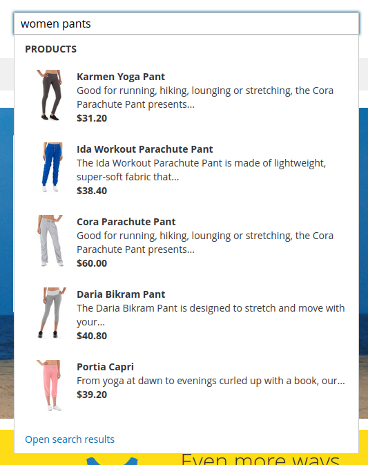 A search autocomplete drop down shows up under the search box