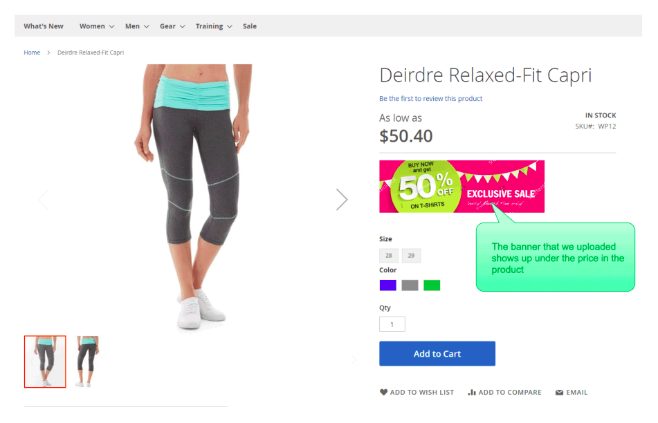 The banner shows up in the products of the pants category