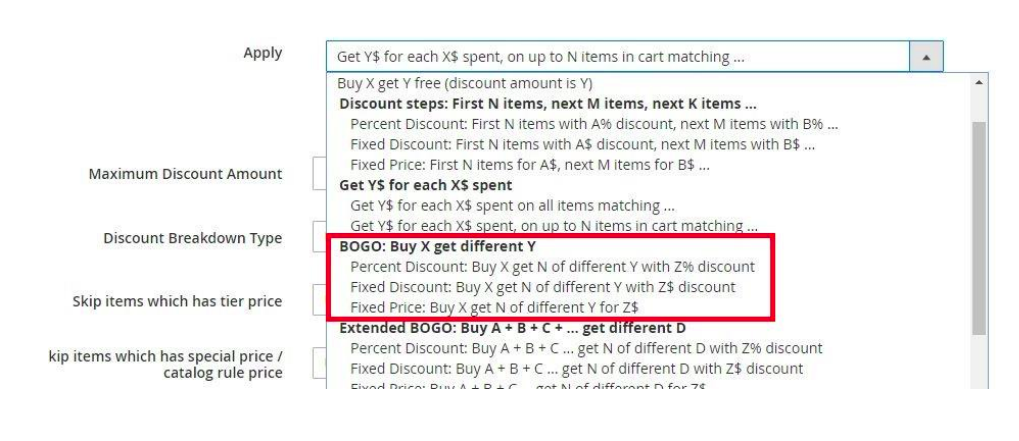 Buy X get different Y action is being selected in the cart rule configuration.