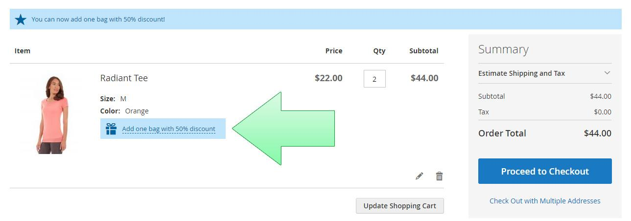 Product hint in the cart.