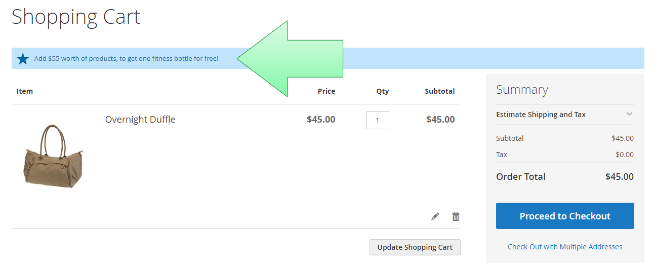 Upsell cart hint in the cart.