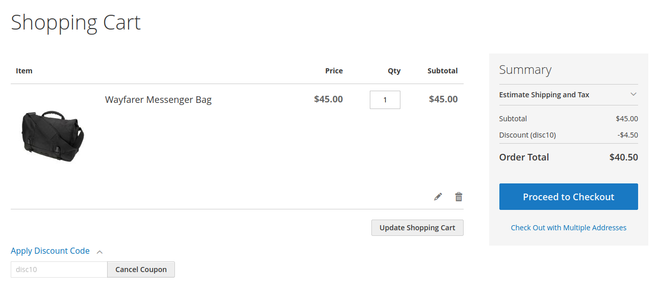 The coupon coe disc10 is applied in the cart with the Wayfayer bag in it