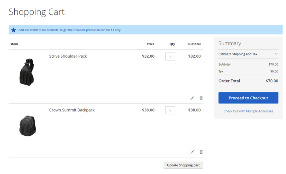 Cheapest / Most Expensive - Fixed Price shopping cart example.