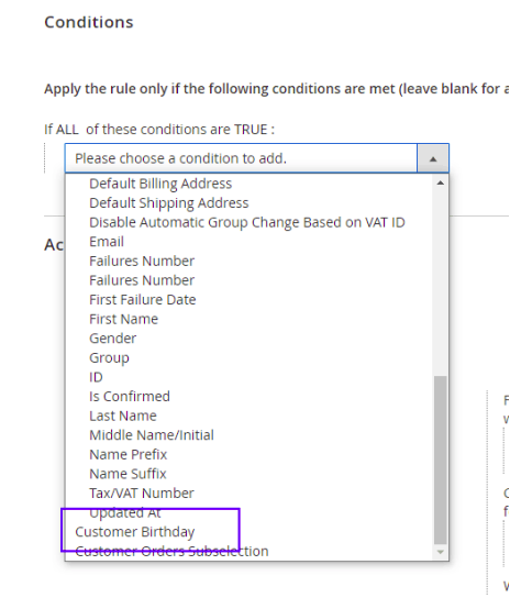 The Customer Birthday condition shows up in the dropdown