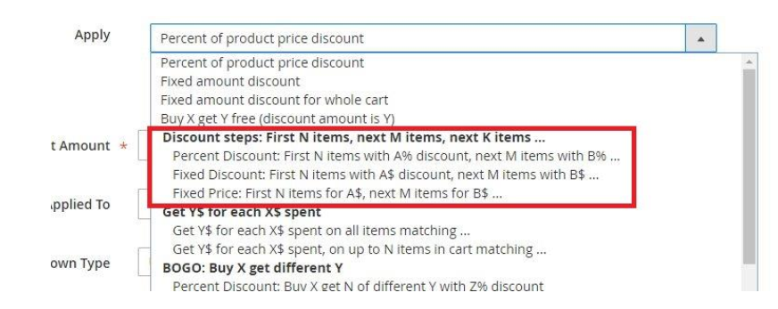 Discount steps action is being selected in the cart rule configuration.