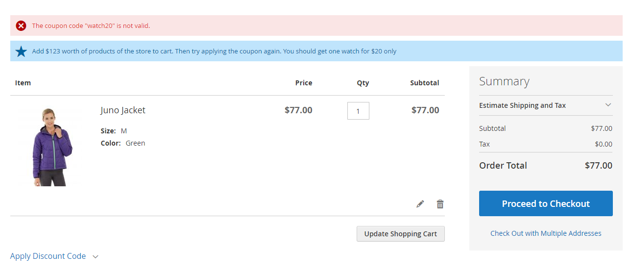 Invalid coupon hint in the cart.