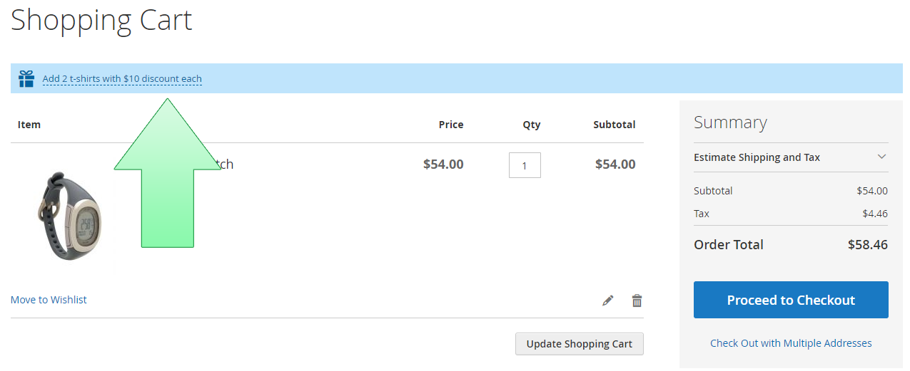 Product hint at the top of the cart.