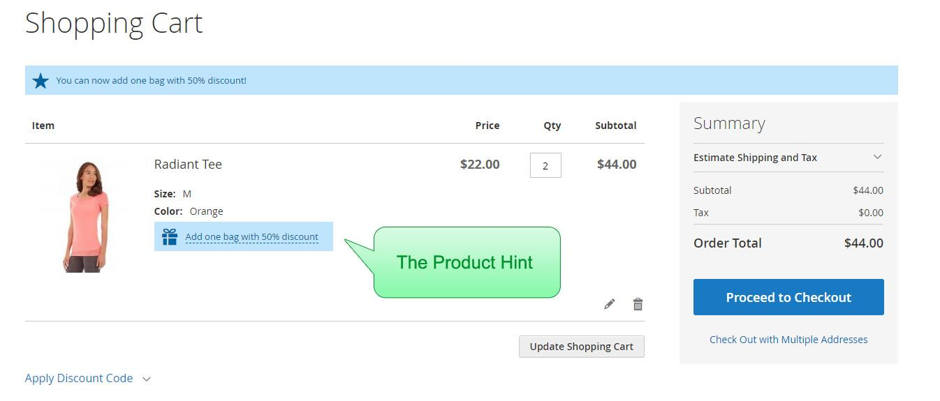 Product hint next to the triggering item.