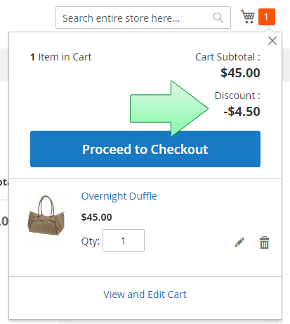 The mini cart after applying our changes - the discount amount line is showing up in the mini cart