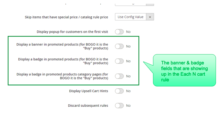 N+M / Each N action tabs with the banner and badges fields marked