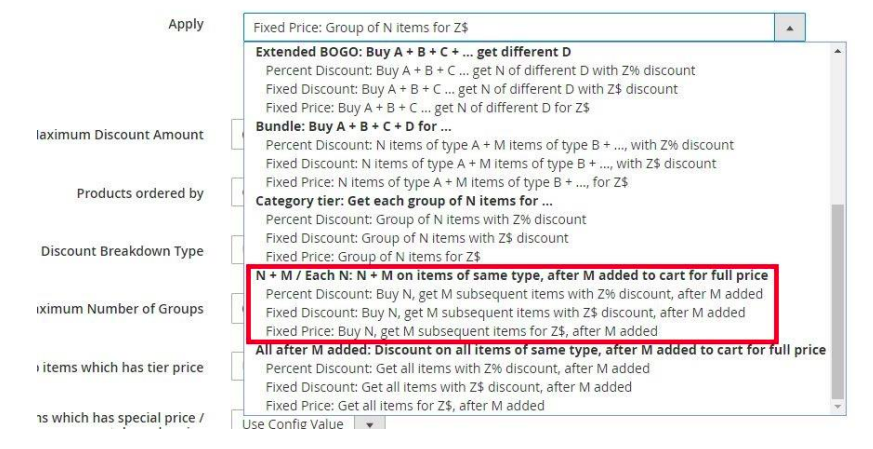 N+M / Each N action is being selected in the cart rule configuration.