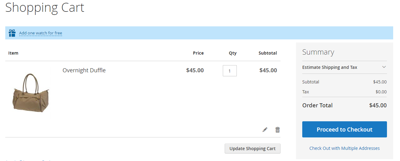 Product hint in the cart.