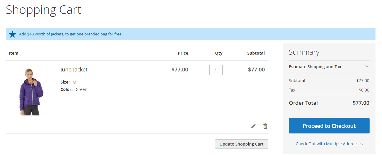 Upsell cart hint in the cart.