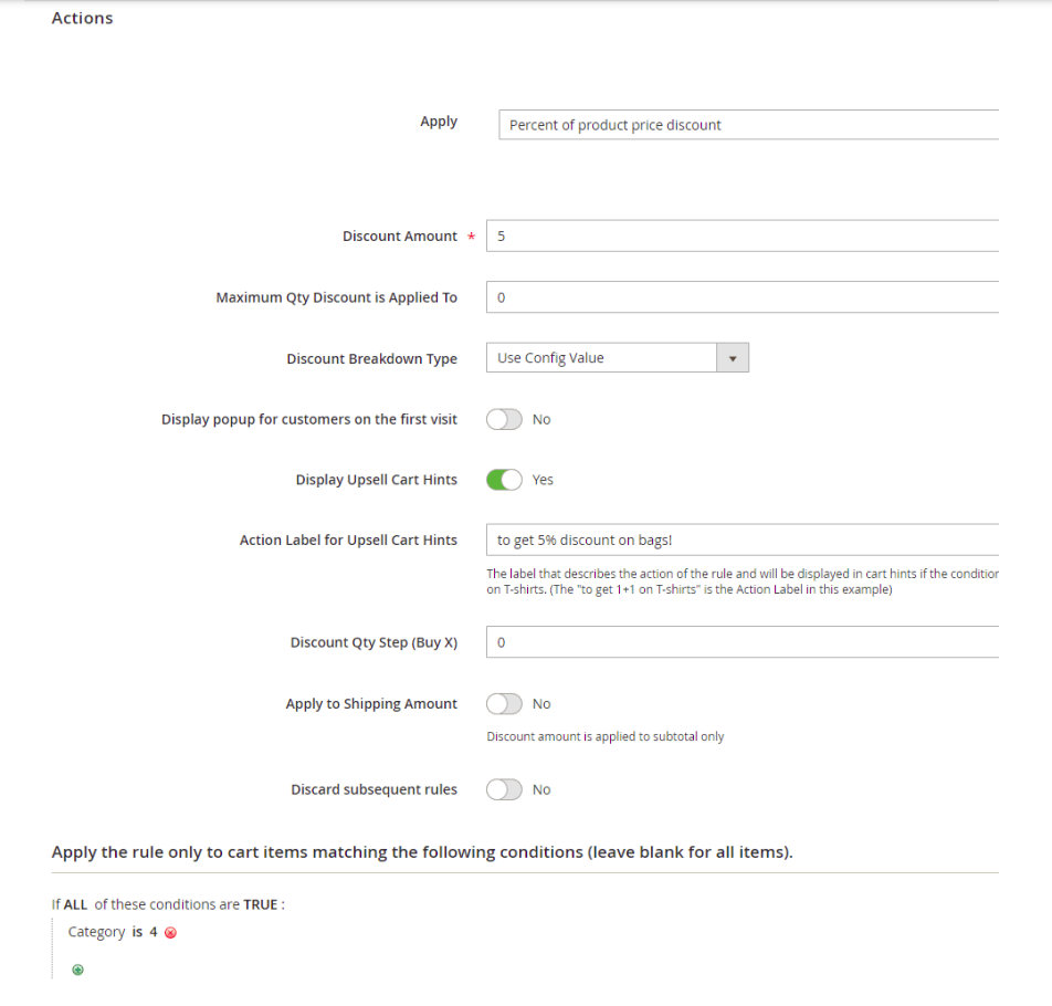 The actions tab of the example rule number 1