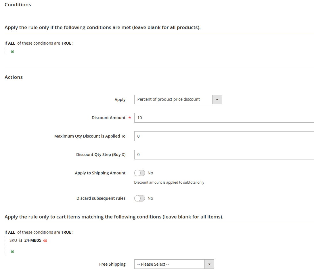 The Conditions and Actions Tabs of the coupon sales rule