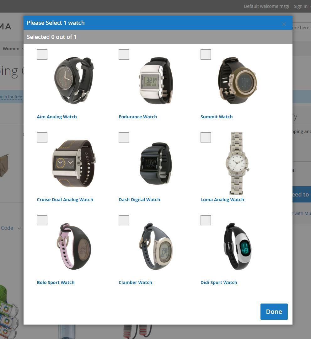 Popup for selecting the free watch.