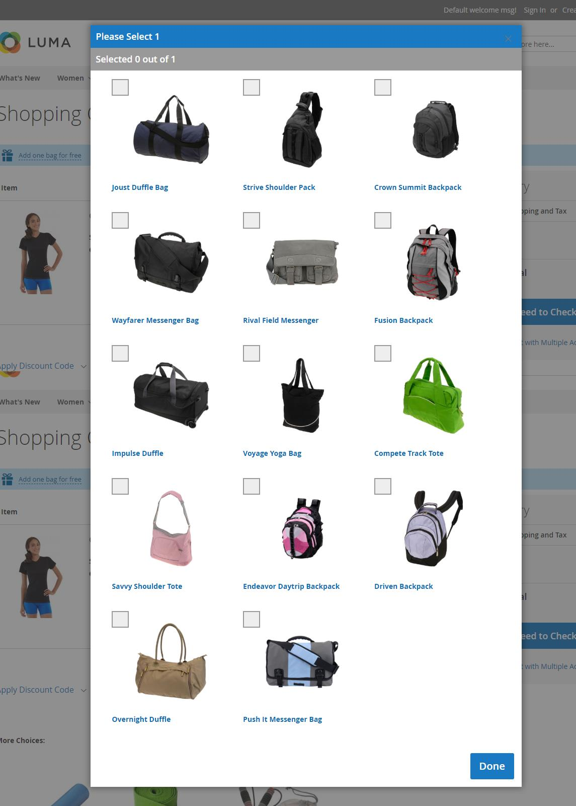 Popup for selecting the free bag.