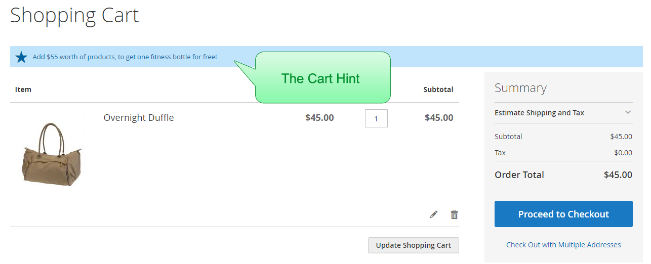 Upsell cart hint.