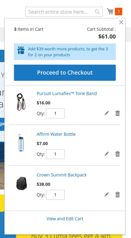 The Magento mini-cart with a hint message saying that if the customer will add $39 to the order he will get a 3 for 2 promotion applied