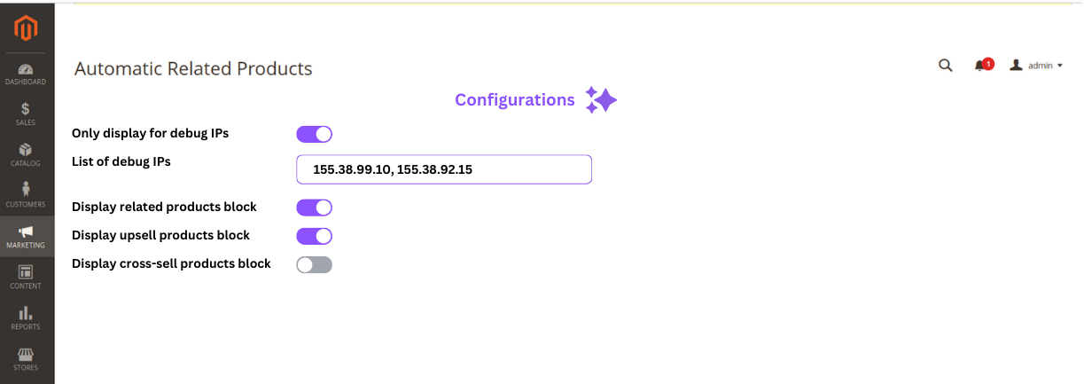 The extension configuration page allows setting whether the recommendations should be restricted for specific IPs and what type of product blocks should be displayed