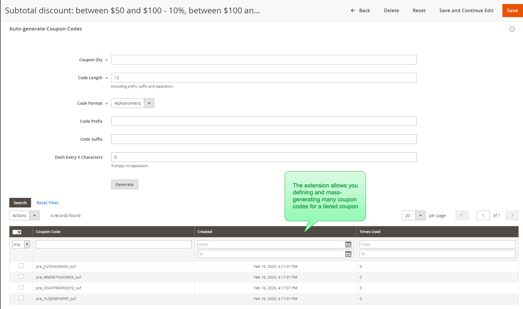 The admin view of the coupon codes mass-generation feature for tiered coupons