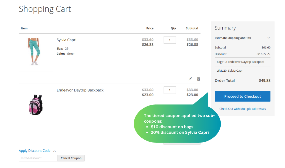 A tiered coupon is applied in the cart, applying a few different coupons