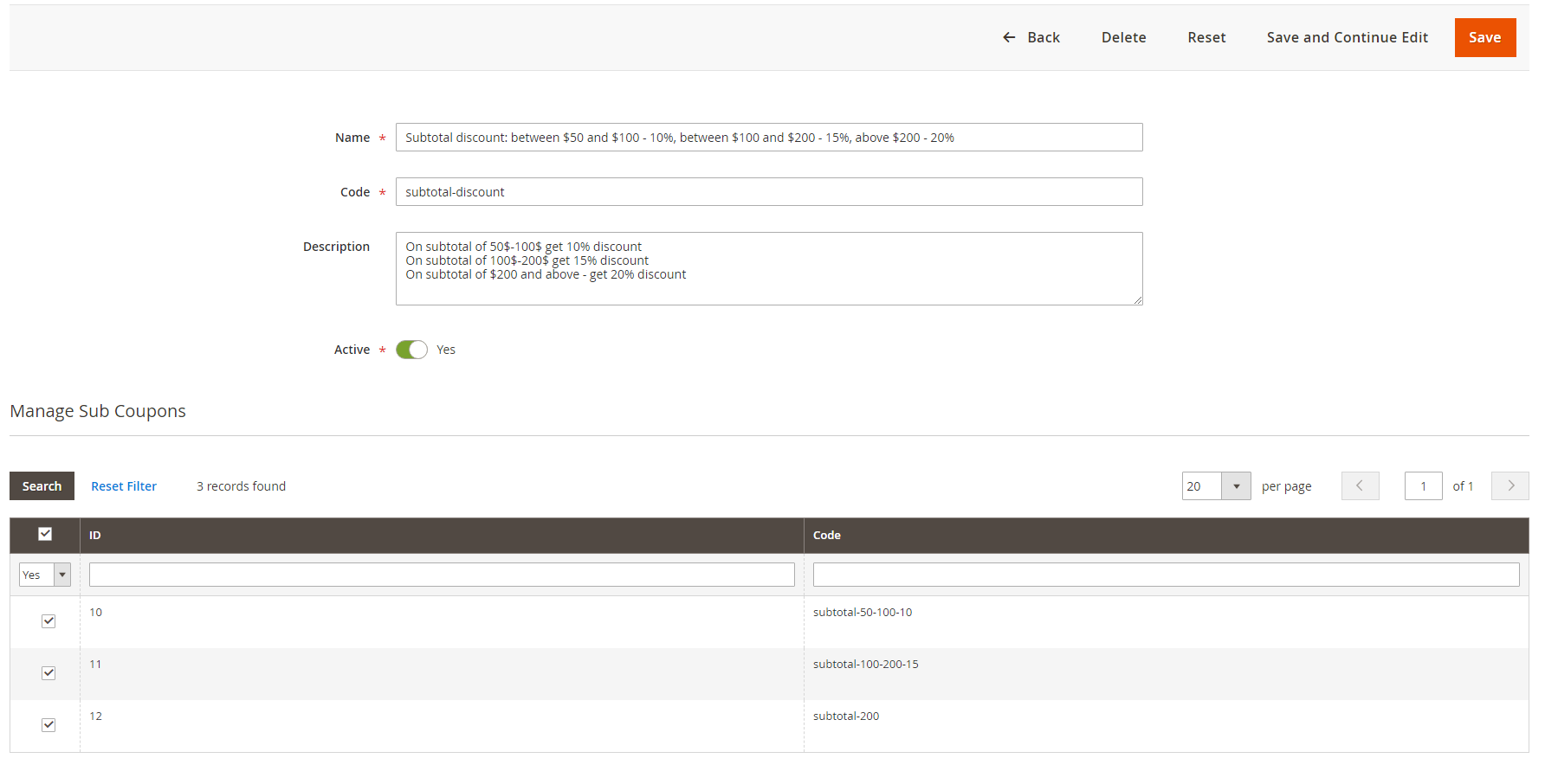 The admin view of the subtotal tiered coupon