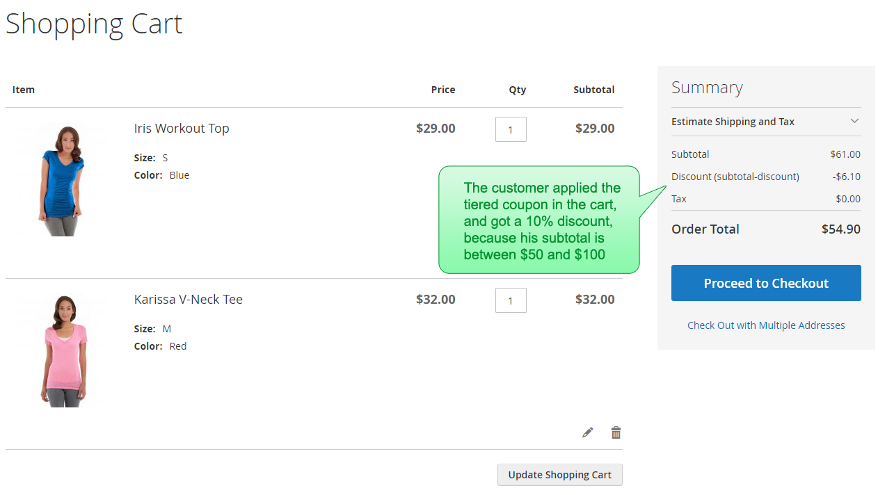 The subtotal tiered coupon is applied in the cart