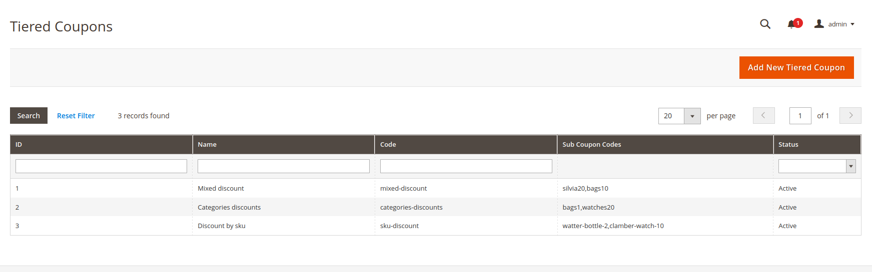 The tiered coupons grid on the admin panel