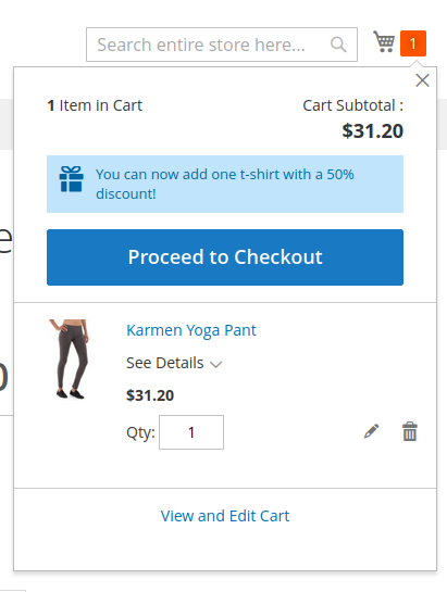The Magento mini-cart with a hint message saying that the customer can now add a t-shirt with a 50% discount